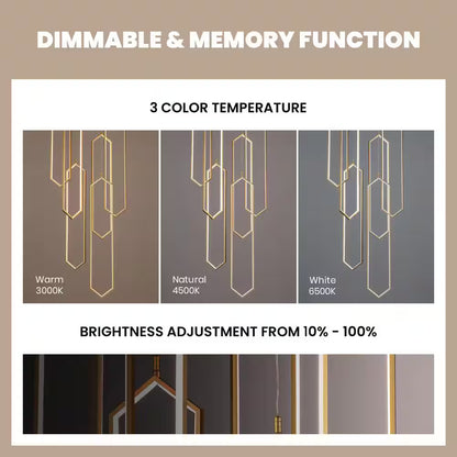 6-Light Modern Dimmable Integrated LED Geometric Gold Chandelier High Ceiling Chandelier for Staircase Foyer Living Room