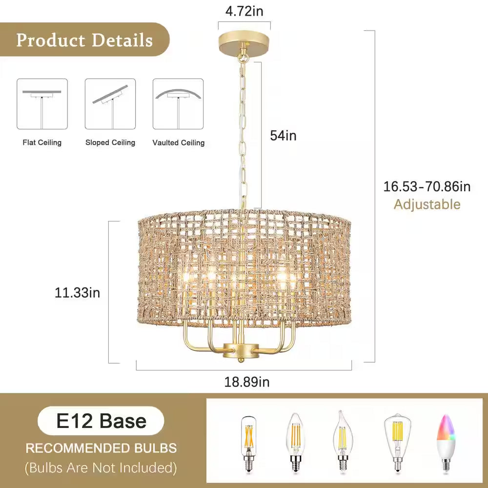 Nevarez 18.9 In. 5-Light Gold Bohemian Pendant Natural Rattan Dimmable Chandelier with Hand Woven Drum Shade