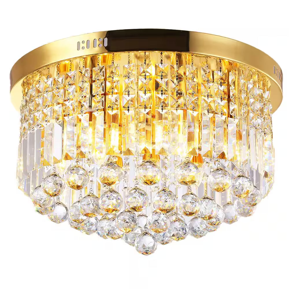 9-Light 20 In. Gold Flush Mount Crystal Chandelier for Bedroom Dining Room with No Bulbs Included