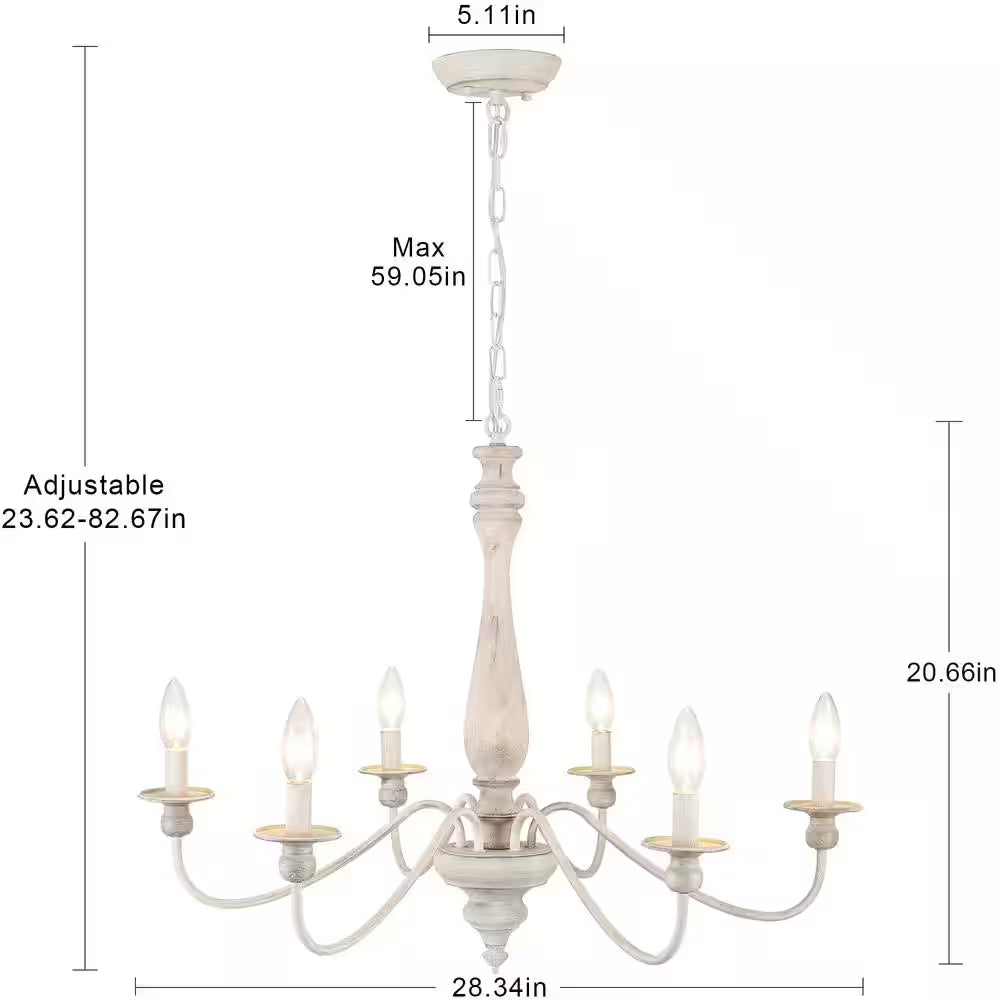 6-Light Vintage Beige Farmhouse Wood Candle Chandelier French Country Style Pendant Light