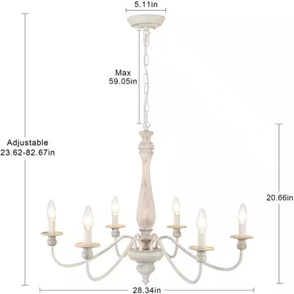 6-Light Vintage Beige Farmhouse Wood Candle Chandelier French Country Style Pendant Light