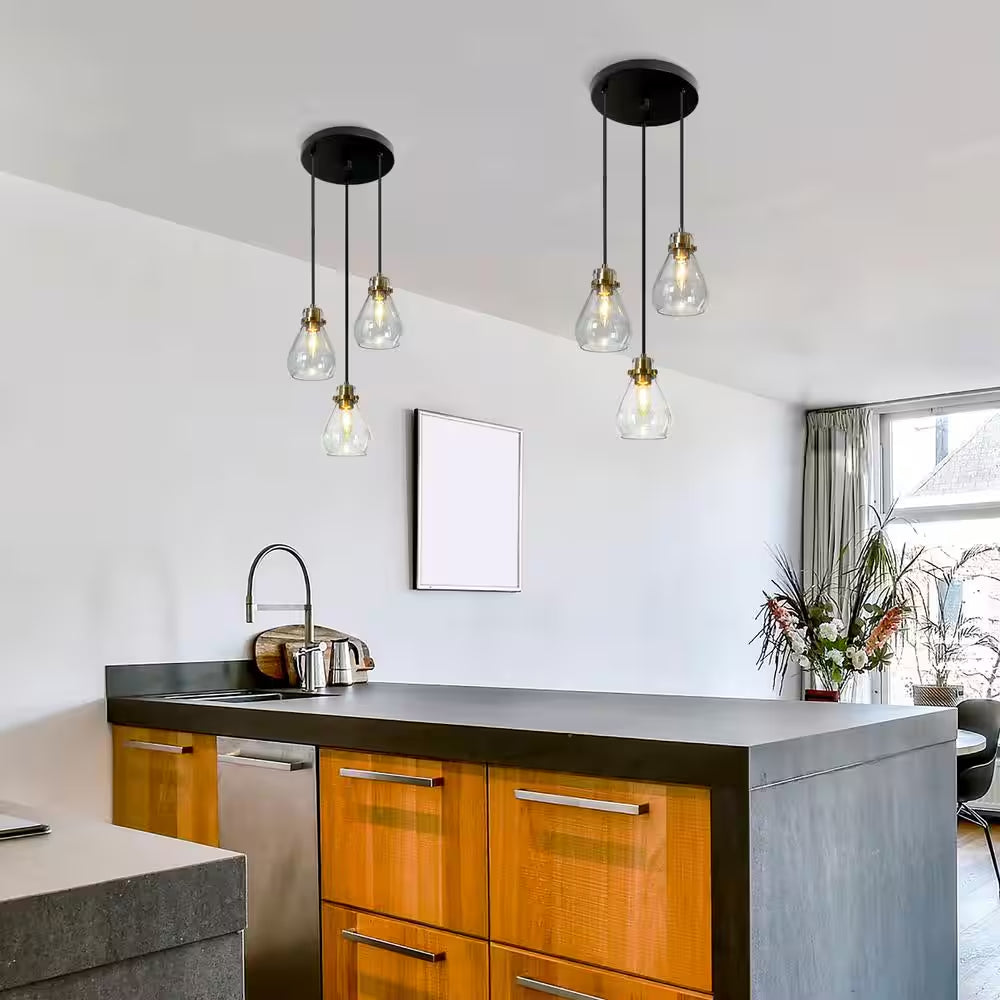 Modern Black and Brass Chandelier 3-Light Height Adjustable Ceiling Light with Teardrop Clear Glass Shades