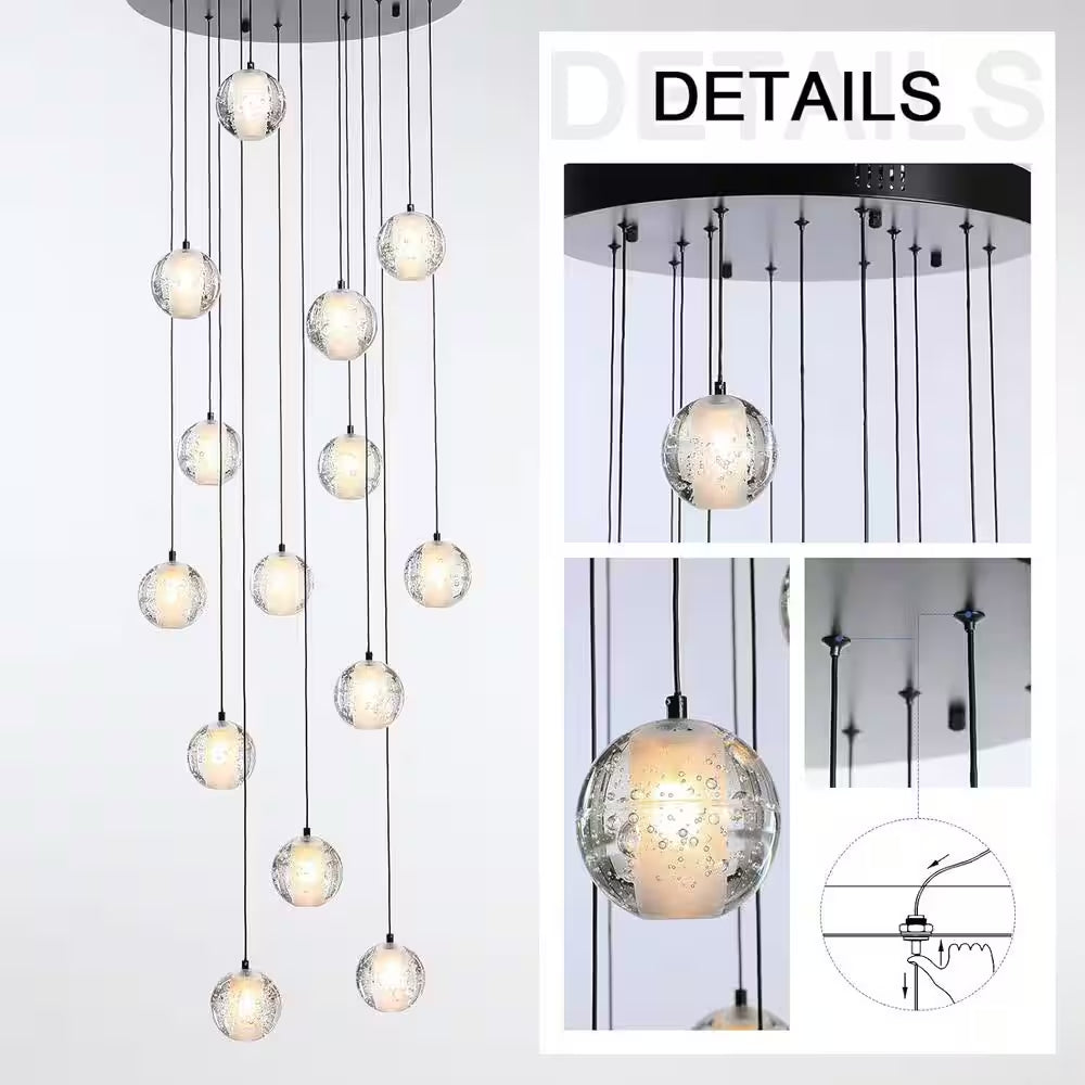 120 In. H 14-Light Black Staircase Chandelier Modern Pendant Light W/Glass Shade for High Ceiling Living Room Entryfoyer