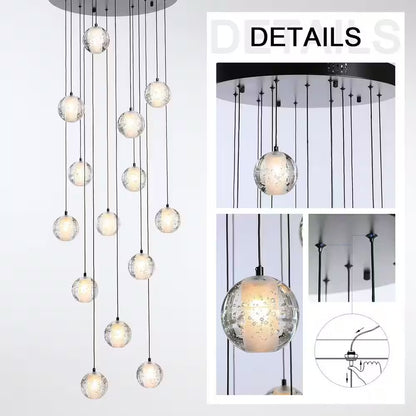 120 In. H 14-Light Black Staircase Chandelier Modern Pendant Light W/Glass Shade for High Ceiling Living Room Entryfoyer