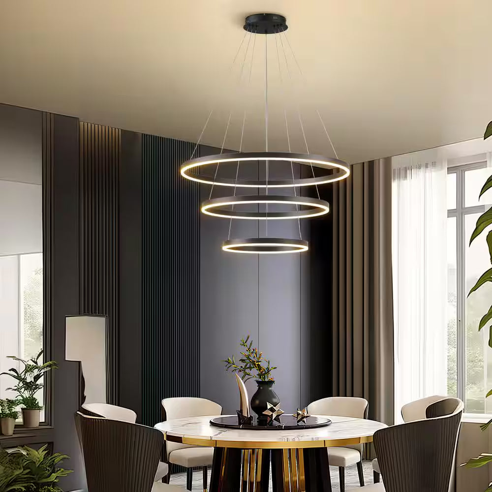 31 In. 3-Light Modern Black Geometric Adjustable Styling Tiered Integrated LED Chandelier for Bedroom and Kitchen Island