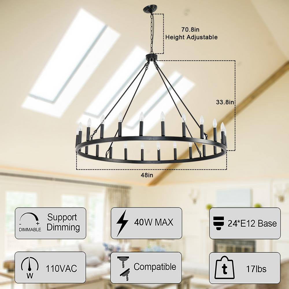 Black Wagon Wheel Chandelier 24-Lights, Large Farmhouse round Outdoor Chandelier