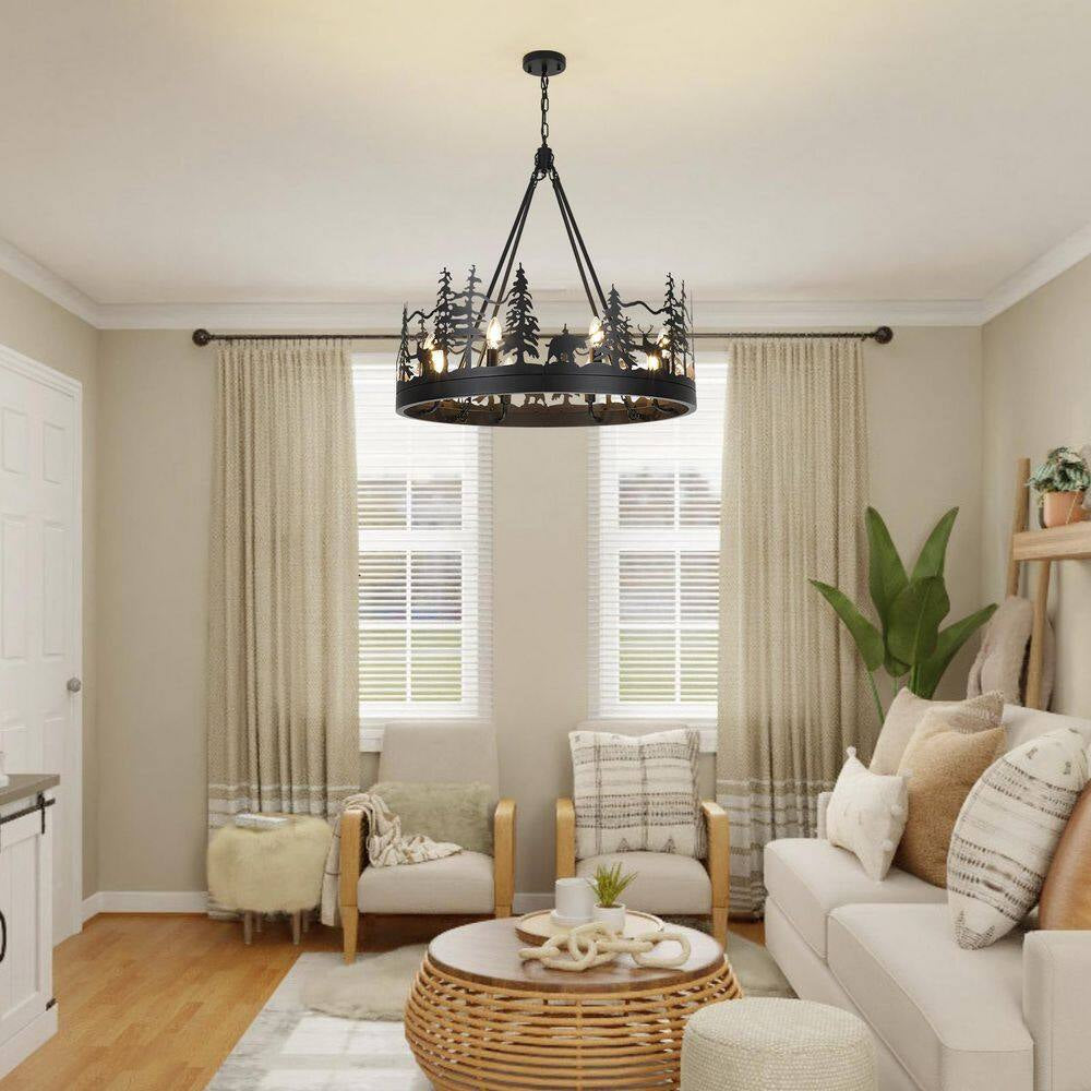 8-Light Black Ambient Rustic Chandelier Wagon Wheel Farmhouse Chandelier for Dining Living Room Foyer