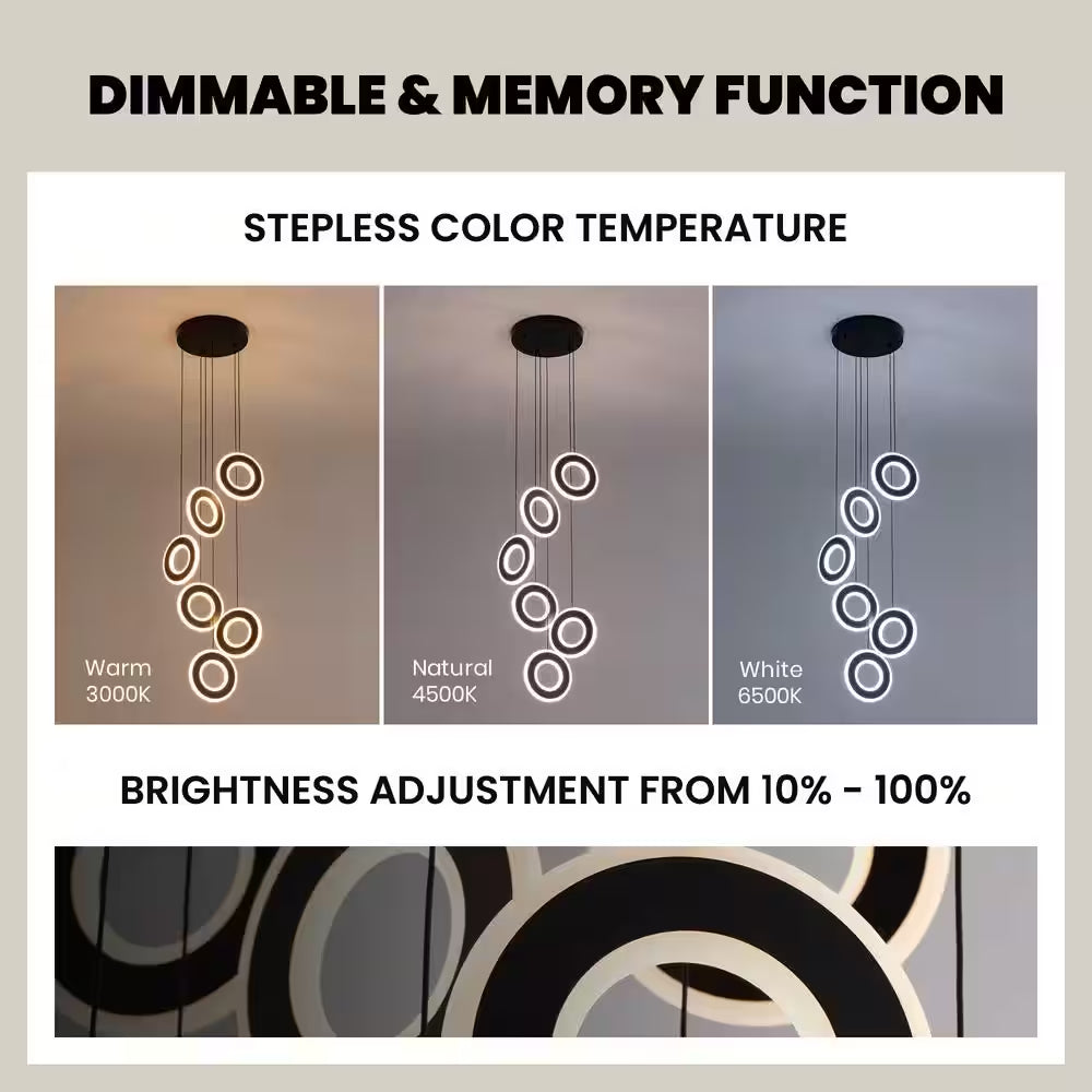 Modern 6-Light Dimmable Integrated LED Black Chandelier High Ceiling Ring Chandelier for Staircase Foyer Dining Room