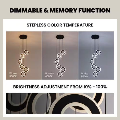 Modern 6-Light Dimmable Integrated LED Black Chandelier High Ceiling Ring Chandelier for Staircase Foyer Dining Room