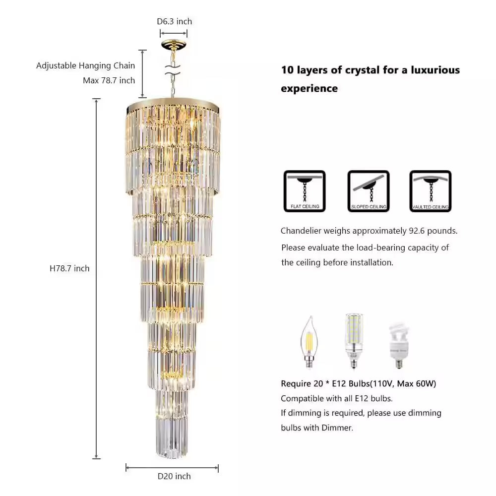 Modern Chandelier 125 In. 20-Light Gold Chandelier for Staircase, Foyer, Living Room,Crystal Chandelier for High Ceiling
