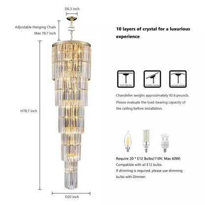 Modern Chandelier 125 In. 20-Light Gold Chandelier for Staircase, Foyer, Living Room,Crystal Chandelier for High Ceiling