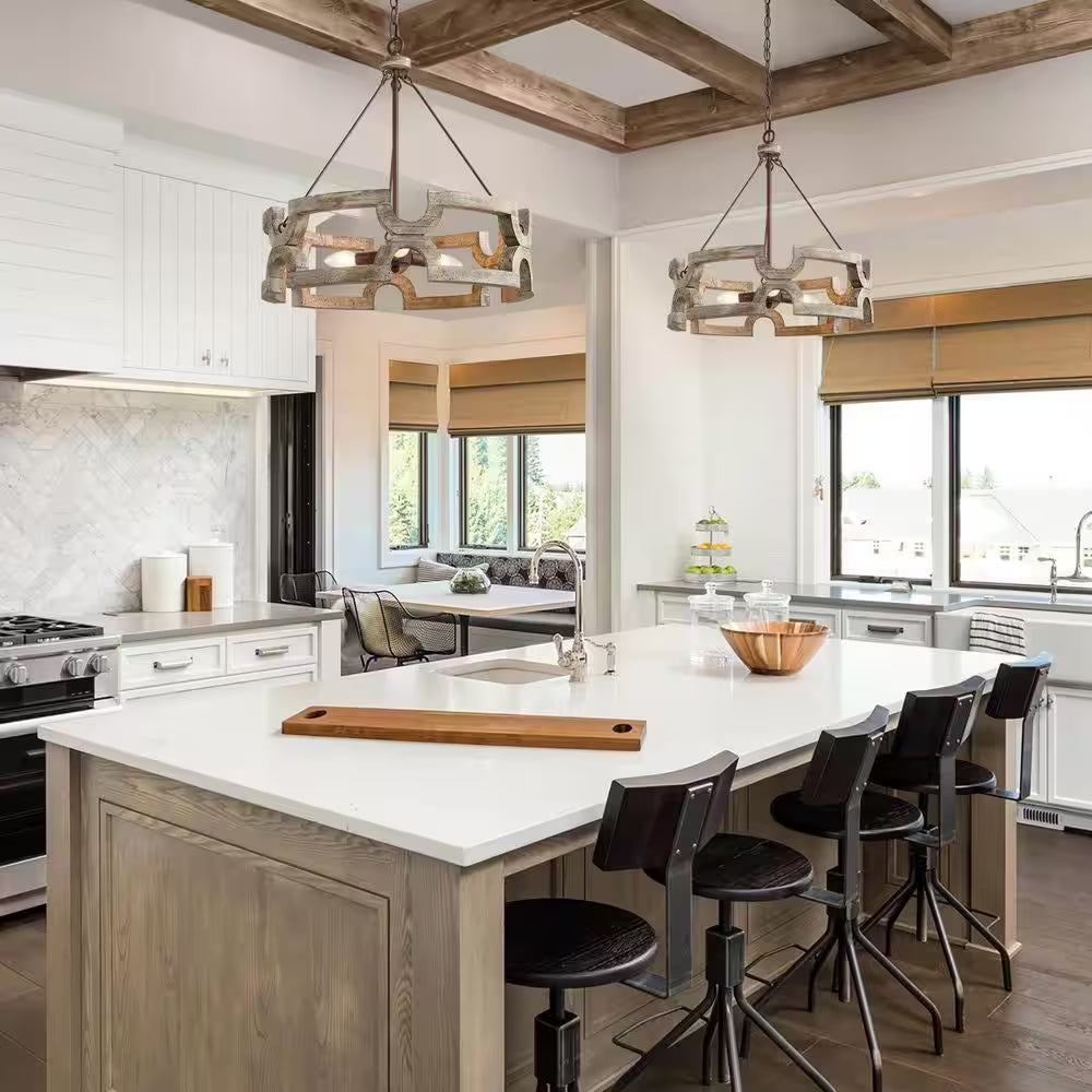 Modern Farmhouse Solid Wood Drum Island Chandelier 3-Light Rustic Brown Pendant Light for Dining Room Kitchen Entryway