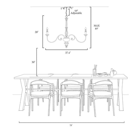 37 In. W Wood Candlestick Chandelier 6-Light Distressed White Farmhouse Chandelier Living Room with French Country Flair