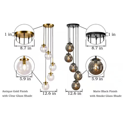 5-Light Modern Matte Black Staircase Chandelier with Smoke Globe Bubble Glass Corner Pendant