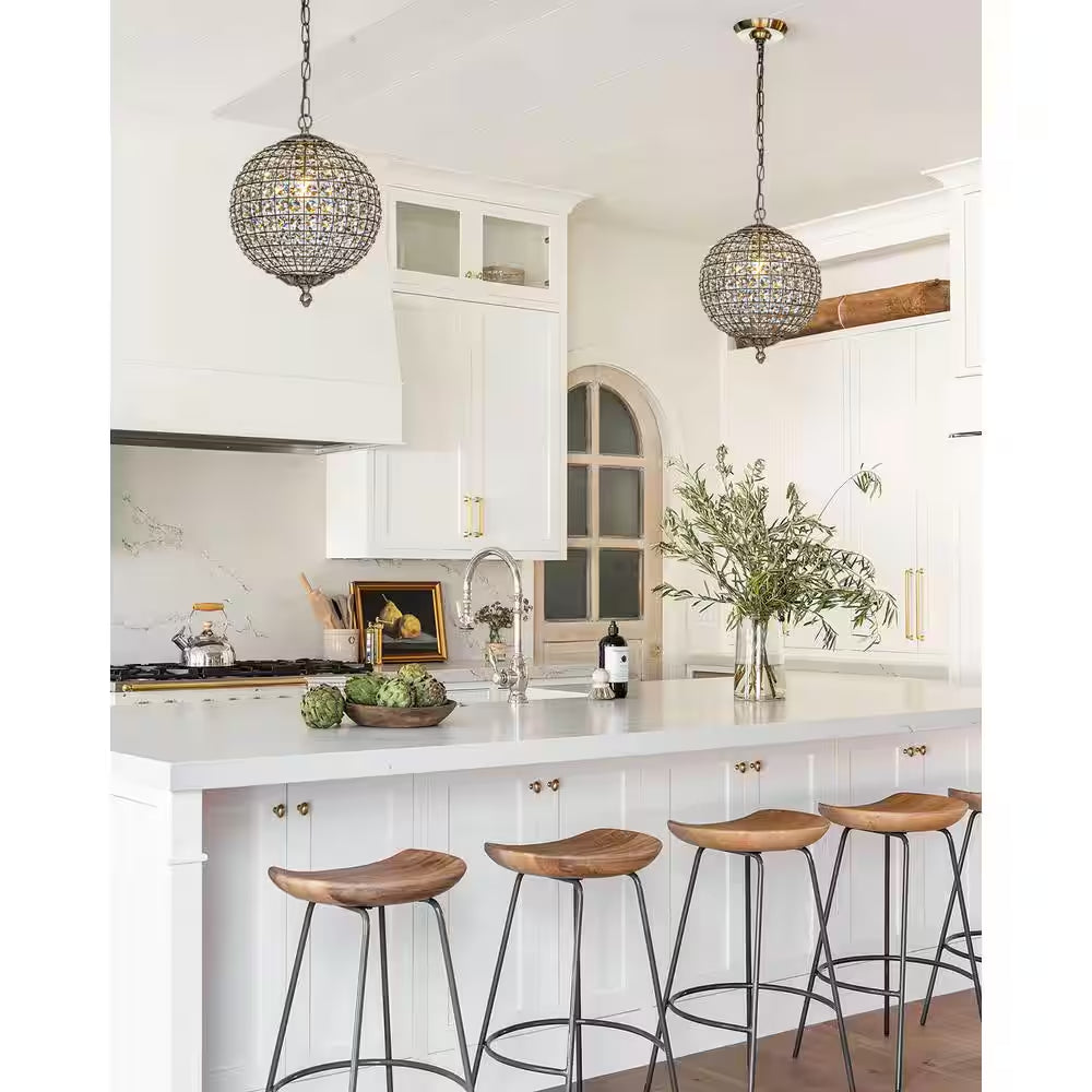 12 In. 1-Light Retro Antique Gold Crystal Globe Chandelier Small Sphere Pendant Light