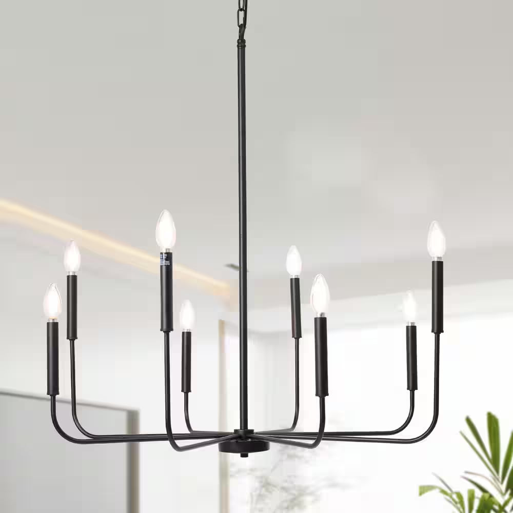 Industrial 31.5 In. 8-Light Black Candlestick Chandelier for Living Room Dining Room Modern Cottage Large Ceiling Light