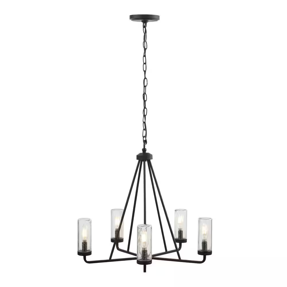 Bainbridge 24 In. 5-Light Black Outdoor Urban Industrial Chandelier with Clear Seeded Glass Shades