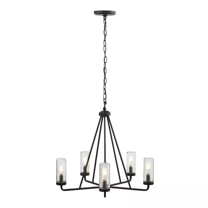Bainbridge 24 In. 5-Light Black Outdoor Urban Industrial Chandelier with Clear Seeded Glass Shades