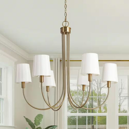 Transitional 28.5 In. 6-Light Plated Brass Sputnik Chandelier, Vintage Dining Room Chandelier with White Fabric Shade