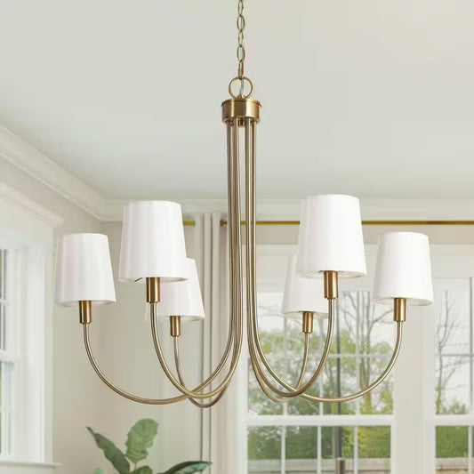Transitional 28.5 In. 6-Light Plated Brass Sputnik Chandelier, Vintage Dining Room Chandelier with White Fabric Shade