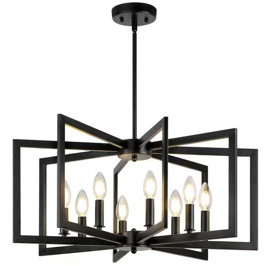 25.59 In. 8-Light Black Modern Geometric Hanging Metal Chandeliers for Dining Room Kitchen Foyer Living Room Bedroom