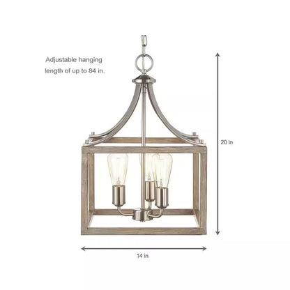 Boswell Quarter 14 In. 3-Light Brushed Nickel Farmhouse Square Chandelier with Painted Weathered Gray Wood Accents
