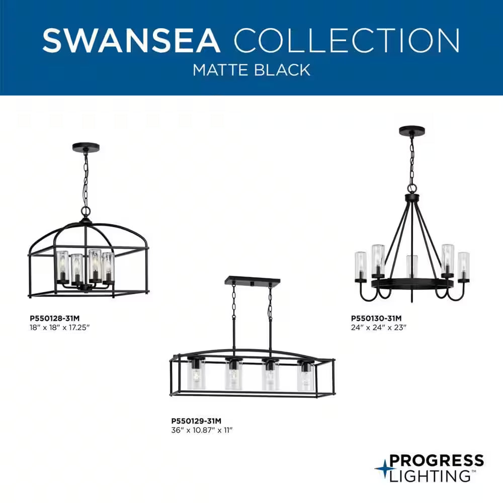 Swansea Collection 4-Light 24 In. Matte Black round Transitional Outdoor Chandelier with Clear Glass Shades