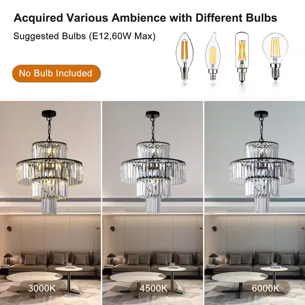12-Light Black Crystal Chandelier Design round Chandelier for Dining Room Bedroom Living with No Bulbs Included
