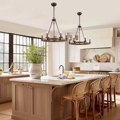 Farmhouse Wagon Wheel Chandelier, 6-Light Distressed Wood Circle Island Light, Rustic Bronze Dining Room Pendant Light