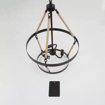 Black Chandelier Drum Candlestick 3-Light Industrial Farmhouse Island Cage Hanging Pendant Light with Ropes