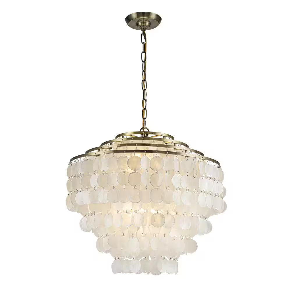 22 In. 6-Light Coastal Capiz Seahells Chandelier 4-Tier Vintage Natural Seashell Hanging-Light in Antique Gold