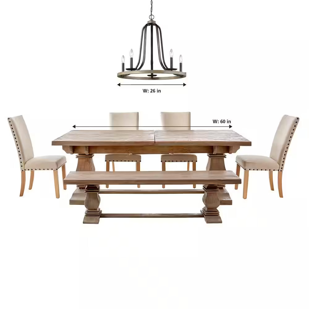 Conal 5-Light Weathered Gray Wagon Wheel Rustic Farmhouse Bell Candlestick Chandelier with Distressed Oak Finish Accents