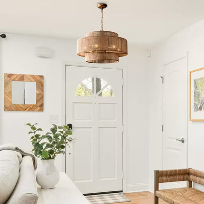 Farmhouse 6-Light Gold 2-Tiered Chandelier with Woven Rope Shade for Living Room Bedroom Dining Room