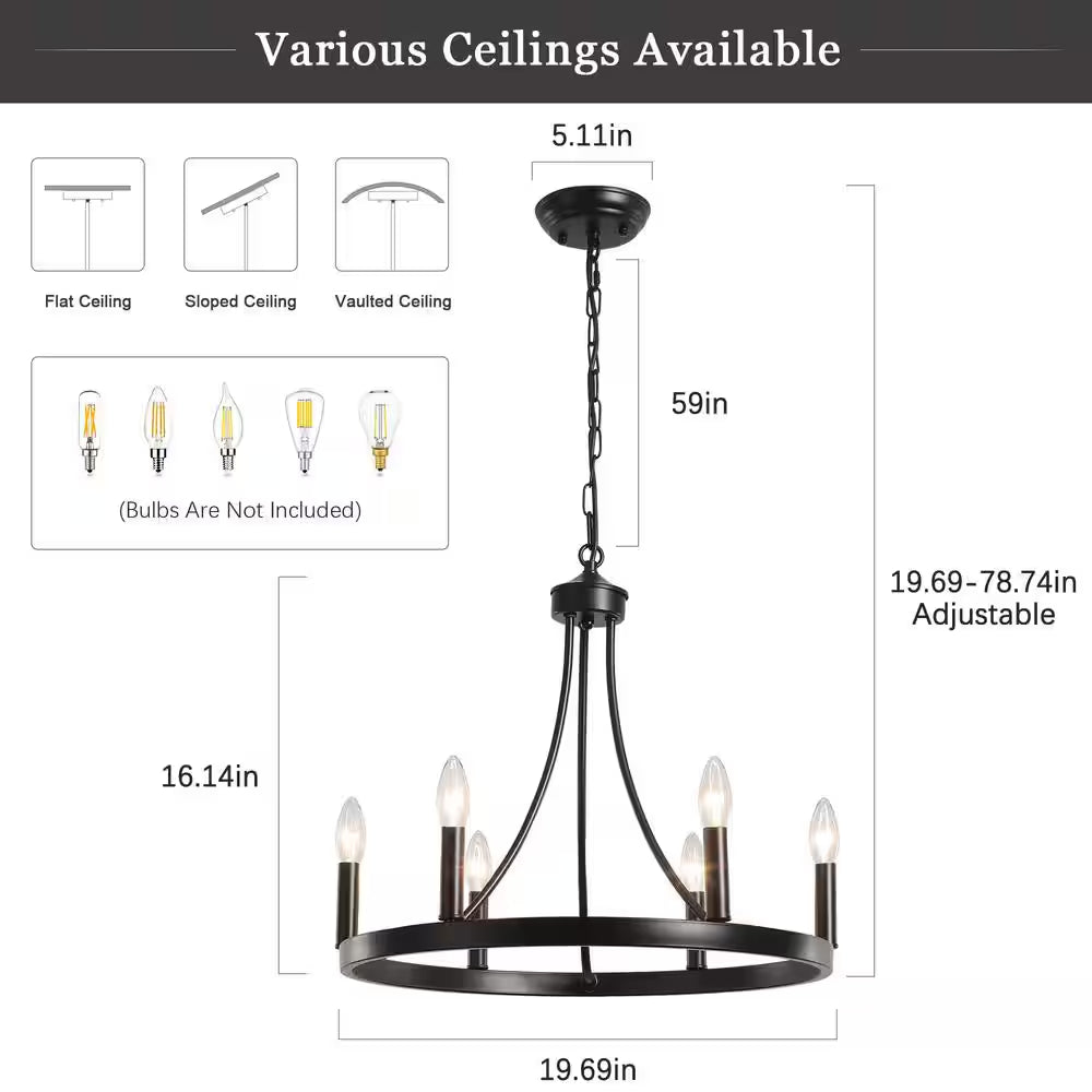 6-Light Black Farmhouse Wagon Wheel Chandelier Rustic Dining Room Pendant Light