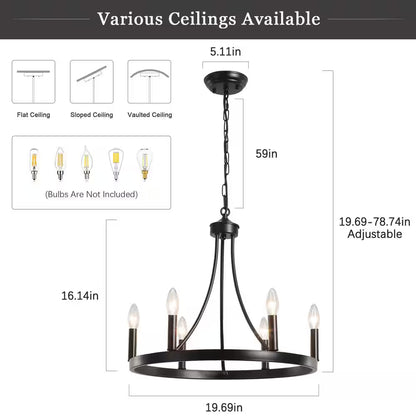6-Light Black Farmhouse Wagon Wheel Chandelier Rustic Dining Room Pendant Light