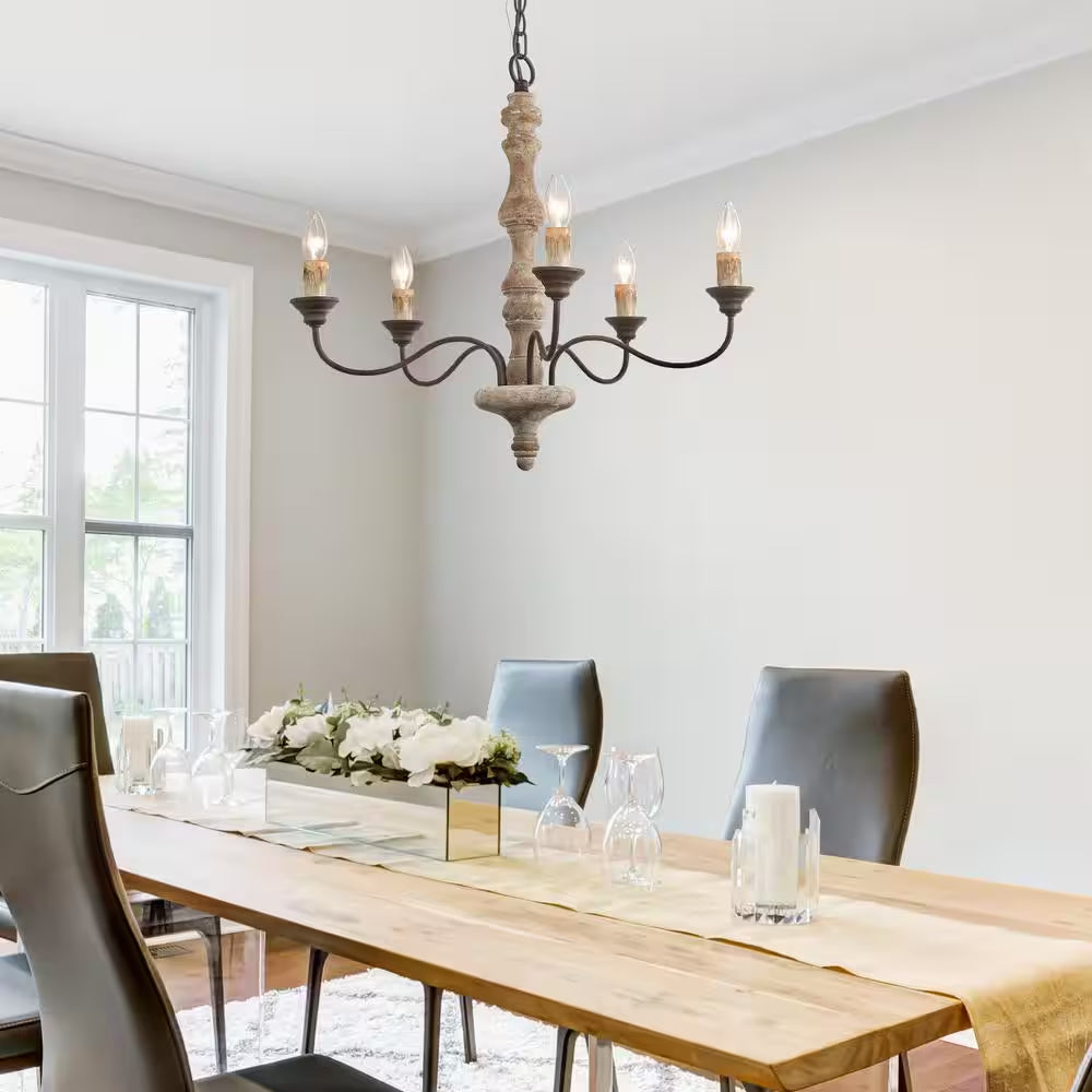 Wood Candle Chandelier 5-Light Weathered White Dining Room Chandelier Bronze Rustic Chandelier with French Country Style