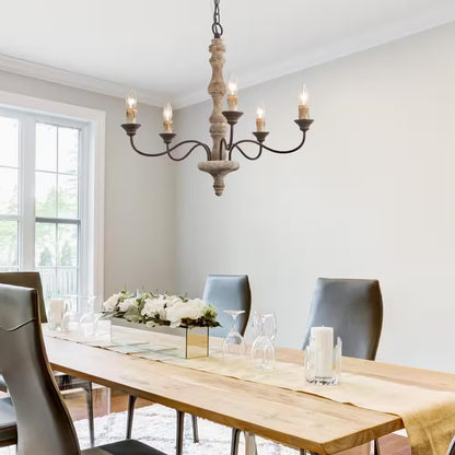Wood Candle Chandelier 5-Light Weathered White Dining Room Chandelier Bronze Rustic Chandelier with French Country Style