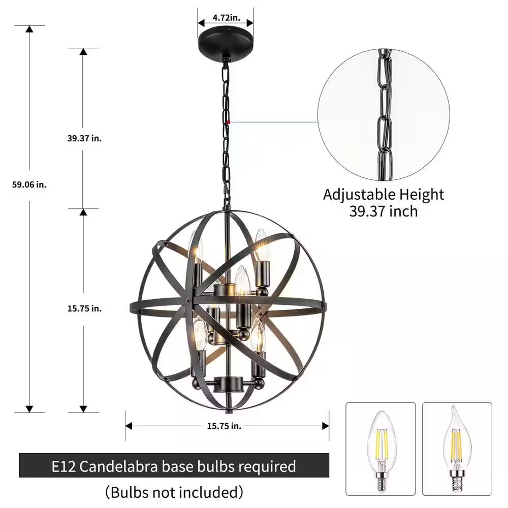 6-Lights Modern Black Candle Orb Chandelier Contemporary Candle Globe Chandelier with Metal Shade