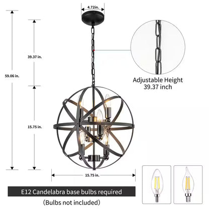 6-Lights Modern Black Candle Orb Chandelier Contemporary Candle Globe Chandelier with Metal Shade