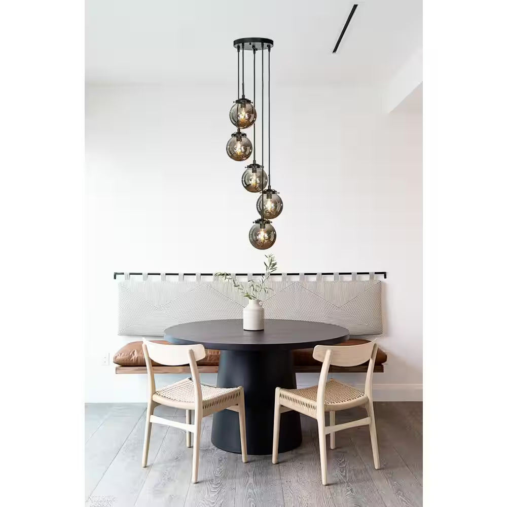 5-Light Modern Matte Black Staircase Chandelier with Smoke Globe Bubble Glass Corner Pendant