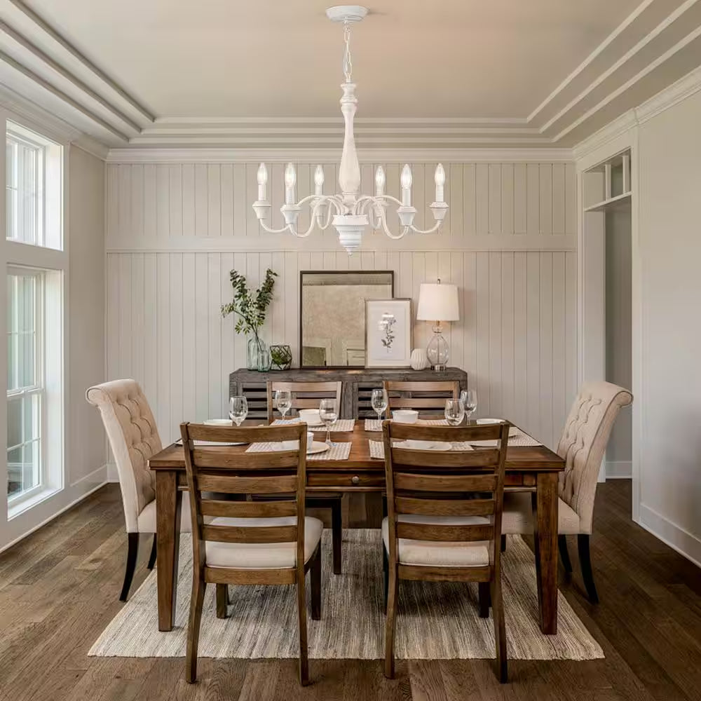 6-Light Distressed White Classic Chandelier for Dining Room Candle Light Fixture