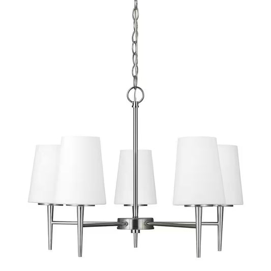 Driscoll 5-Light Brushed Nickel Mid-Century Modern Hanging Chandelier with inside White Painted Etched Glass