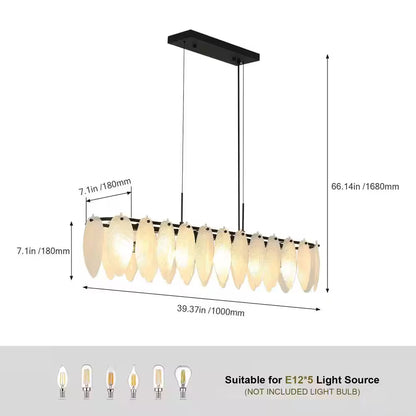 5-Light Black and Frosted Glass Leaf Linear Chandelier for Kitchen Island Dining Bedroom Living Room Foyer
