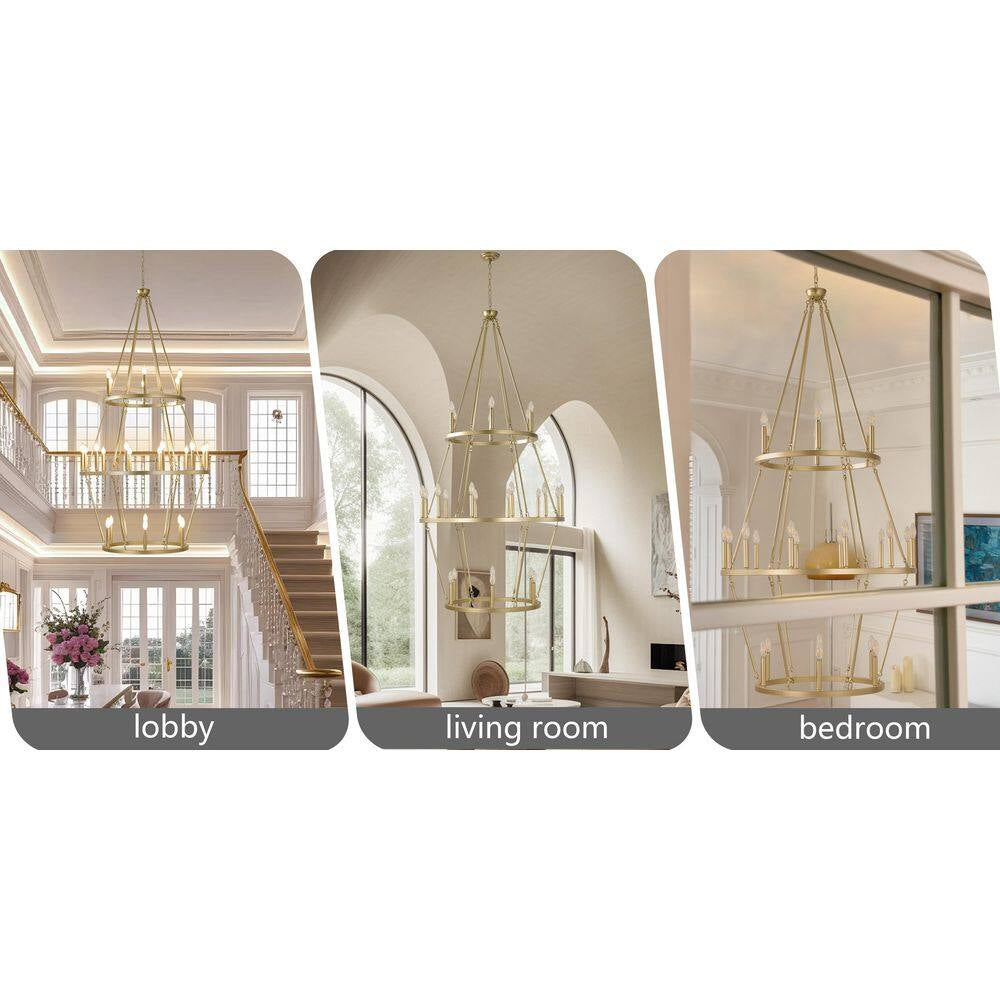 Modern 24-Light Gold 3-Tier Wagon Wheel Farmhouse Industrial Chandelier Rustic Candle Pendant Light