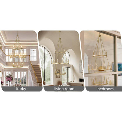 Modern 24-Light Gold 3-Tier Wagon Wheel Farmhouse Industrial Chandelier Rustic Candle Pendant Light