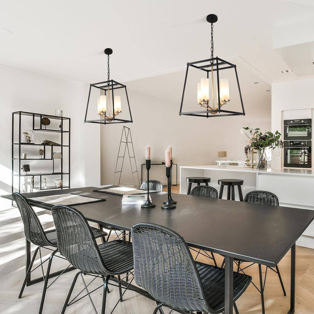 Industrial 4-Light Black Rectangle Chandelier with Frosted Glass Shades, Transitional Gold Pendant Light for Dining Room