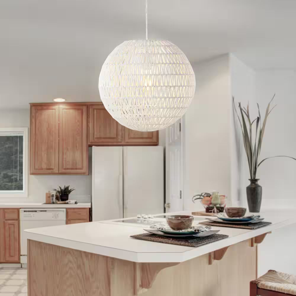 Luna 15.7 In. Woven Rattan Orb LED Pendant, White