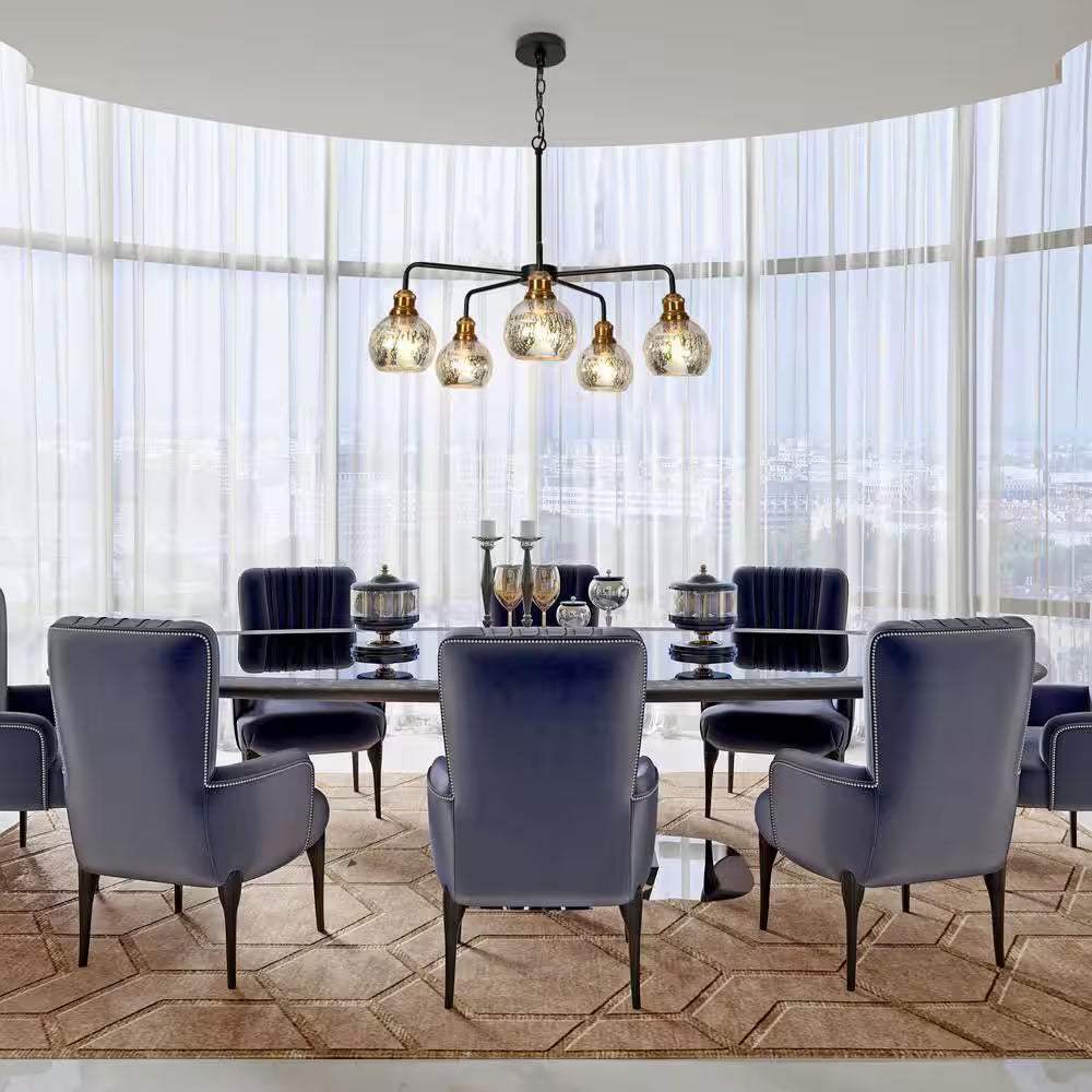 Transitional Dining Room Candlestick Chandelier 5-Light Black and Brass Chandelier with Mercury Glass Shades