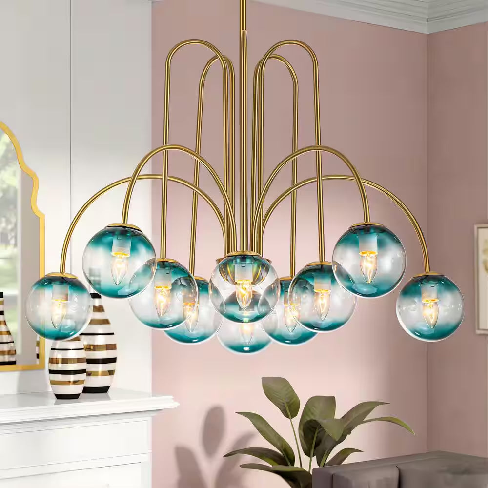 Ayden Modern 10-Light Gold Sputnik Sphere Chandelier with Blue Glass Globe Bubble