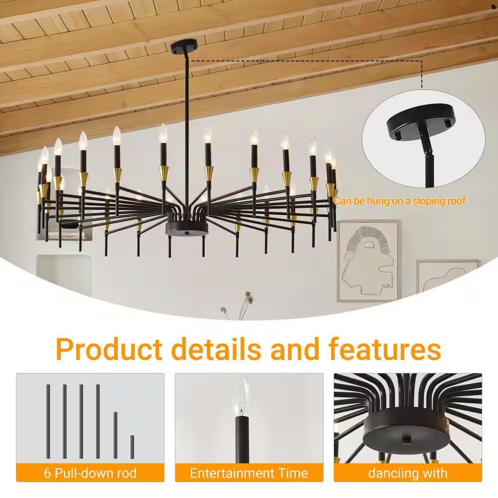 24-Light Modern Farmhouse Chandelier, Black Gold Dining Room Light Fixture, Candle Chandeliers for Living Room Kitchen